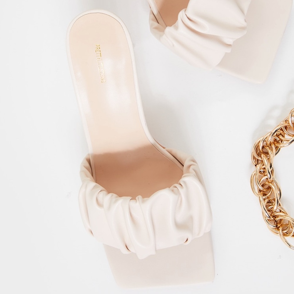 Cream Wide Ruched Square Heels - Picture 2 of 3